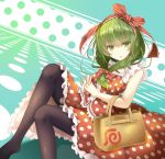  1girl alternate_costume bag bangs black_legwear bow breasts commentary_request contemporary dress_shirt eyebrows_visible_through_hair feet_out_of_frame frilled_ribbon frills front_ponytail gradient gradient_background green_eyes green_hair hair_bow hair_ribbon handbag hands_clasped interlocked_fingers kagiyama_hina long_hair looking_at_viewer medium_breasts no_shoes open_mouth own_hands_together parted_lips polka_dot polka_dot_background polka_dot_shirt polka_dot_skirt red_bow red_ribbon red_shirt red_skirt ribbon shiro_1213 shirt skirt skirt_set sleeveless solo thigh-highs touhou 