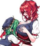  2girls :d blue_dress blue_hat blue_vest blush bow breast_smother breasts cleavage commentary_request dress eyebrows_visible_through_hair from_side glomp green_hair hat hat_bow highres hug huge_breasts looking_at_another mappe_(778exceed) motorboating multiple_girls onozuka_komachi open_mouth profile puffy_short_sleeves puffy_sleeves red_bow red_eyes red_sash redhead shiki_eiki shirt short_hair short_sleeves simple_background smile touhou two-tone_bow two_side_up upper_body vest white_background white_bow white_shirt yuri 