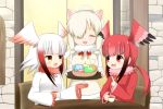  3girls :d alpaca_suri_(kemono_friends) bangs black_hair blush brown_eyes chair closed_eyes commentary_request cup eye_contact eyebrows_visible_through_hair facing_viewer food frilled_sleeves frills gloves gradient_hair grey_hair hair_over_one_eye head_wings holding holding_cup holding_tray index_finger_raised jacket japanese_crested_ibis_(kemono_friends) japari_bun japari_symbol kemono_friends light_brown_hair long_hair long_sleeves looking_at_another multicolored_hair multiple_girls open_mouth red_eyes red_gloves red_jacket red_wings redhead scarlet_ibis_(kemono_friends) shin01571 smile table teacup tray v-shaped_eyebrows white_jacket white_wings wide_sleeves wings 