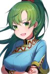  1girl arms_under_breasts black_gloves breasts crossed_arms earrings fingerless_gloves fire_emblem fire_emblem:_rekka_no_ken gloves green_eyes green_hair highres jewelry long_hair lyndis_(fire_emblem) medium_breasts open_mouth ponytail ringozaka_mariko short_sleeves simple_background solo white_background 