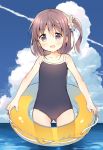  1girl :d bangs black_swimsuit blue_sky blush brown_hair clouds cloudy_sky commentary_request day eyebrows_visible_through_hair gluteal_fold hair_between_eyes hair_ornament hair_scrunchie head_tilt holding holding_innertube horizon innertube long_hair meito_(maze) new_school_swimsuit ocean one-piece_swimsuit one_side_up open_mouth original outdoors school_swimsuit scrunchie sky smile solo swimsuit transparent violet_eyes water yellow_innertube yellow_scrunchie 