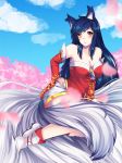  1girl ahri animal_ears bare_shoulders black_hair breasts cleavage closed_mouth eyebrows_visible_through_hair fox_ears heart highres league_of_legends long_hair looking_at_viewer medium_breasts nail_polish red_nails slit_pupils smile solo upper_body whisker_markings yellow_eyes 