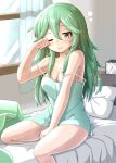  1girl bed bedroom blue_eyes blush breasts camisole closed_mouth eyebrows_visible_through_hair green_hair hair_between_eyes highres kantai_collection large_breasts long_hair looking_at_viewer on_bed one_eye_closed pillow sakuramai_(sakuramai_0525) sitting sitting_on_bed sleepwear solo waking_up window yamakaze_(kantai_collection) 