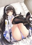  1girl artist_name ass bangs black_hair black_legwear blunt_bangs closed_mouth commentary_request dress eyebrows_visible_through_hair feet flower girls_frontline gloves hair_flower hair_ornament hairband haneru head_on_pillow highres indoors legs_crossed legs_up long_hair looking_at_viewer lying on_back on_bed panties pantyhose pantyhose_pull pillow pulled_by_self qbz-95_(girls_frontline) shiny shiny_hair smile soles solo underwear very_long_hair white_coat white_dress white_gloves white_hairband white_panties white_pillow wooden_floor yellow_eyes 