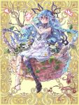  1girl barefoot basket black_legwear blue_hair blue_ribbon braid bug butterfly dress hair_ribbon hand_up insect kerberos_blade kneehighs official_art ribbon single_kneehigh sitting smile violet_eyes water_surface white_dress 