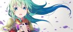  1girl aqua_hair blue_eyes book bracelet crying crying_with_eyes_open earrings eirika fire_emblem fire_emblem:_seima_no_kouseki fire_emblem_heroes highres holding holding_book jewelry long_hair open_mouth petals ringozaka_mariko shoulder_armor simple_background solo tears white_background 