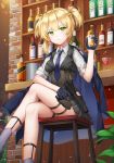  1girl bangs black_footwear black_gloves black_jacket black_skirt black_vest blonde_hair blush bottle braid breasts brick_wall closed_mouth commentary_request commission cup drink drinking_glass eyebrows_visible_through_hair feet_out_of_frame girls_frontline gloves green_eyes grey_legwear gun half_gloves hand_up head_tilt highres holding holding_drinking_glass holding_gun holding_weapon indoors jacket jacket_on_shoulders legs_crossed long_hair looking_at_viewer medium_breasts object_namesake pleated_skirt pong_(vndn124) shirt short_sleeves short_twintails sidelocks sitting skirt socks solo stool striped striped_legwear suppressor trigger_discipline twintails vertical-striped_legwear vertical-striped_skirt vertical-striped_vest vertical_stripes vest weapon welrod_mk2 welrod_mk2_(girls_frontline) white_shirt wine_glass 