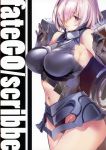  1girl absurdres armor armored_collar armored_dress armpits bangs bare_shoulders blush breasts closed_mouth cover cover_page elbow_gloves eyebrows_visible_through_hair fate/grand_order fate_(series) gloves hair_over_eyes hair_over_one_eye highres large_breasts lips looking_at_viewer marushin_(denwa0214) mash_kyrielight navel_cutout pink_eyes pink_hair scan shield shiny shiny_hair short_hair sideboob simple_background solo thighs white_background 