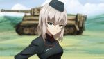  1girl black_hat black_jacket blue_eyes blue_sky blurry blurry_background closed_mouth clouds cloudy_sky commentary cwind day depth_of_field dress_shirt eyebrows_visible_through_hair frown garrison_cap girls_und_panzer ground_vehicle hat highres itsumi_erika jacket kuromorimine_military_uniform long_hair long_sleeves looking_at_viewer military military_hat military_uniform military_vehicle motor_vehicle outdoors red_shirt shirt silver_hair sky solo standing tank tiger_ii uniform upper_body 