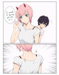  1boy 1girl bangs beige_shirt black_hair blue_eyes blue_horns bra_strap breasts collarbone colored comic commentary couple darling_in_the_franxx english from_behind green_eyes hand_in_hair hand_up hetero highres hiro_(darling_in_the_franxx) horns k_016002 medium_breasts off_shoulder oni_horns pink_hair red_horns shirt short_hair upper_body white_shirt zero_two_(darling_in_the_franxx) 