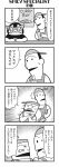  /\/\/\ 1girl 2boys 4koma :3 apron arms_on_table backwards_hat bandaid bandaid_on_face bangs baseball_cap bkub blunt_bangs bumping calimero_(bkub) closed_eyes comic curry food greyscale halftone hands_clasped hat highres holding holding_notepad holding_pencil honey_come_chatka!! mask monochrome motion_lines multiple_boys own_hands_together pencil shirt short_hair shouting sign simple_background speech_bubble sweatdrop table talking translation_request white_background 