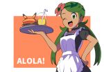  1girl ;d apron bangs bendy_straw black_dress blush breasts creatures_(company) cup dress drink drinking_glass drinking_straw flower food game_freak green_eyes green_hair hair_flower hair_ornament hamburger hand_on_hip holding holding_tray long_hair looking_at_viewer low_twintails maid_apron mallow_(pokemon) natsunagi_takaki nintendo one_eye_closed open_mouth pink_flower pokemon pokemon_(game) pokemon_sm puffy_short_sleeves puffy_sleeves short_sleeves small_breasts smile solo swept_bangs tray twintails upper_teeth very_long_hair waitress white_apron 