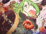  1girl blurry close-up crying crying_with_eyes_open depth_of_field dessert donut_hole_(vocaloid) doughnut eating face fingernails food goggles goggles_on_head green_eyes green_hair gumi hands_clasped hands_together interlocked_fingers jewelry looking_up madori_(sayuri5) necklace own_hands_together pearl_necklace pink_background red_neckwear short_hair simple_background solo_focus tears upper_body vocaloid 