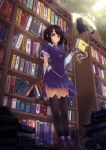  1girl absurdres black_cat black_hair black_legwear book book_stack bookshelf breasts cat gloves highres key leaning_back leaning_on_object library looking_at_viewer medium_breasts okuto original pleated_skirt red_eyes short_hair skirt smile solo thigh-highs 