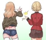  /\/\/\ 2girls ass back black_shirt black_skirt blonde_hair blue_shorts braid brown_jacket commentary cowboy_shot darjeeling denim denim_shorts dimples_of_venus epaulettes facing_away from_behind girls_und_panzer gradient gradient_background green_background high_five jacket kay_(girls_und_panzer) long_hair long_sleeves midriff military military_uniform multiple_girls oteruko_(wanabeee) pleated_skirt red_jacket saunders_military_uniform shirt short_hair short_shorts shorts skindentation skirt st._gloriana&#039;s_military_uniform standing thigh-highs thighs tied_hair twin_braids uniform white_legwear 