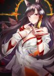  1girl absurdres akagi_(azur_lane) animal_ears azur_lane bangs black_hair blush breasts bride cleavage collarbone commentary dress eyebrows_visible_through_hair finger_to_mouth floating_hair fox_ears fox_tail gloves hair_ornament highres hood japanese_clothes kimono large_breasts long_hair looking_at_viewer multiple_tails no_bra numaguro_(tomokun0808) off_shoulder open_mouth reaching_out red_eyes ribbon shikigami smile solo tail tassel uchikake upper_body wedding_dress white_kimono wide_sleeves wind wind_lift wrist_ribbon 