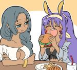  2girls animal_ears black_hair bracelet braid breasts cleavage dark_skin eating facial_mark fate/grand_order fate_(series) food french_fries glass hamburger headband jewelry multiple_girls nitocris_(fate/grand_order) nu_tarou plate ponytail purple_hair scheherazade_(fate/grand_order) smile straw 