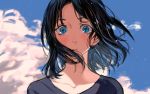  1girl azarea black_hair black_shirt blue_eyes close-up clouds cloudy_sky day expressionless face floating_hair looking_at_viewer original outdoors shirt short_hair sky solo_focus upper_body wind wind_lift 