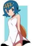  1girl arms_behind_back bangs bare_shoulders blue_eyes blue_hair blush breasts closed_mouth collarbone creatures_(company) dress game_freak hair_between_eyes hat hat_removed headwear_removed holding holding_hat natsunagi_takaki nintendo pokemon pokemon_(game) pokemon_sm short_hair sleeveless sleeveless_dress small_breasts smile solo suiren_(pokemon) sun_hat sundress white_dress 
