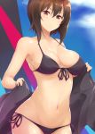  1girl bikini black_bikini blue_sky blush breasts brown_eyes brown_hair closed_mouth clouds collarbone commentary_request day girls_und_panzer jampen looking_at_viewer medium_breasts navel nishizumi_maho short_hair side-tie_bikini sky solo swimsuit 