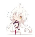  1girl absurdly_long_hair ahoge asymmetrical_legwear bangs barefoot beni_shake bikini black_bikini black_gloves black_jacket chibi closed_mouth commentary_request eyebrows_visible_through_hair fate/grand_order fate_(series) full_body gloves hair_between_eyes hand_on_hip head_tilt jacket jeanne_d&#039;arc_(alter_swimsuit_berserker) jeanne_d&#039;arc_(fate)_(all) long_hair long_sleeves looking_at_viewer no_shoes notice_lines o-ring one_eye_closed orange_eyes red_legwear silver_hair single_thighhigh solo standing swimsuit thigh-highs very_long_hair white_background 