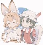  2girls animal_ear_fluff animal_ears backpack bag bare_shoulders belt black_hair blonde_hair blush bucket_hat closed_eyes elbow_gloves eyebrows_visible_through_hair feathers gloves hat high-waist_skirt highres holding_strap kaban_(kemono_friends) kemono_friends laughing looking_at_another multicolored_hair multiple_girls serval_(kemono_friends) serval_ears serval_print serval_tail shirt short_hair short_sleeves skirt sleeveless t-shirt tail waterliryppp 