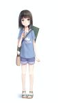  1girl arm_at_side bag black_hair blue_shirt blue_shorts blush brown_eyes child cup drink drinking_straw flat_chest full_body handbag highres holding holding_cup jewelry looking_at_viewer medium_hair necklace original sandals shirt short_shorts shorts simple_background smile solo standing t-shirt too-ye 