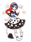  1girl apron bangs black_bow black_dress black_sleeves blue_eyes blue_hair book boots bow closed_mouth doremy_sweet dress eyebrows_visible_through_hair hair_between_eyes hand_up hat highres hiroshige_36 long_hair pom_pom_(clothes) red_headwear short_hair short_sleeves simple_background smile solo standing tail touhou very_long_hair white_apron white_background white_footwear 