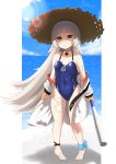  1girl :o absurdres azur_lane bangs bare_shoulders baseball_bat beach blue_sky blue_swimsuit blush brown_eyes brown_gloves casual_one-piece_swimsuit clouds collarbone commentary_request covered_navel day eyebrows_visible_through_hair gloves hat headpiece highres holding holding_bat horizon iron_cross jacket long_hair long_sleeves looking_at_viewer mogamiya_yuu mole mole_under_eye ocean off_shoulder one-piece_swimsuit parted_lips pigeon-toed sand silver_hair sky solo standing straw_hat swimsuit toenails very_long_hair water white_jacket z46_(azur_lane) 