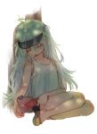  1girl alternate_costume bangs black_shorts blush bucket bug casual closed_eyes collarbone dragonfly drooling full_body g11_(girls_frontline) girls_frontline hair_between_eyes hat holding_shovel insect light_particles long_hair parted_lips sandals shade short_shorts shorts shovel shuzi silver_hair sitting sleeping sleeping_upright solo tank_top thighs very_long_hair white_tank_top 