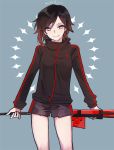  1girl artist_name black_hair crescent_rose ecru grey_eyes grin gym_shorts gym_uniform looking_at_viewer multicolored_hair pants redhead ruby_rose rwby shorts smile solo thighs torn_clothes torn_pants twitter_username two-tone_hair weapon weapon_on_back 