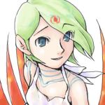  1girl blue_eyes breath_of_fire breath_of_fire_v commentary_request dress facial_mark forehead_mark full_body_tattoo green_hair lowres nina_(breath_of_fire_v) red_wings see-through short_hair smile solo tattoo umenin white_dress wings 