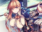 1girl armor artist_name blonde_hair blue_eyes blue_ribbon blurry blurry_background bracer braid breasts bridge club covered_nipples eyebrows_visible_through_hair hair_ribbon highres holding holding_weapon impossible_clothes kousaka_yami large_breasts leaning_forward outdoors ribbon sennen_sensou_aigis smile solo standing tiara weapon 