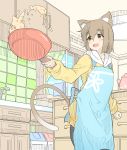  1girl animal_ears apron artist_request brown_eyes brown_hair cat_ears cooking food fried_rice frying_pan highres holding hood hoodie indoors kitchen open_mouth original solo tail 