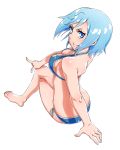  1girl arm_support bikini blue_bikini blue_eyes blue_hair breasts cleavage dutch_angle from_above hand_on_own_face highres invisible_chair legs_crossed looking_at_viewer mahou_shoujo_madoka_magica medium_breasts miki_sayaka sazanami_tarou short_hair shoulder_blades side-tie_bikini sideboob sitting smile solo swimsuit white_background 