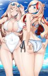  2girls absurdres ass ass_visible_through_thighs bikini blonde_hair blue_eyes blue_sky blush breasts chiyo_goya clouds collarbone commandant_teste_(kantai_collection) criss-cross_halter day from_behind halterneck hand_under_clothes highres kantai_collection large_breasts long_hair looking_at_viewer multicolored_hair multiple_girls navel one-piece_swimsuit outdoors richelieu_(kantai_collection) sky sunglasses swimsuit thighs upper_body white_bikini 
