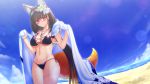  1girl absurdres animal_ears beach bikini black_hair breasts cleavage collarbone day fate/grand_order fate_(series) flower fox_ears fox_tail glasses groin hair_flower hair_ornament highres huge_filesize jewelry lady_foxy large_breasts light_smile long_hair looking_at_viewer magatama_necklace mkon multicolored_hair navel osakabe-hime_(fate/grand_order) outdoors side-tie_bikini solo swimsuit tail twintails very_long_hair violet_eyes 