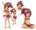  1girl :o absurdres animal_ears bangs bare_arms bare_legs bare_shoulders barefoot black_bra black_panties bow_(weapon) bra brown_eyes brown_hair closed_mouth collarbone commentary_request dark_skin eyebrows_visible_through_hair fang fang_out hands_up head_tilt highres idaten93 looking_at_viewer looking_away looking_up multiple_views navel o-ring o-ring_top original panties parted_lips sitting standing underwear weapon white_background wide-eyed 