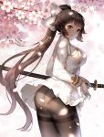  1girl absurdres azur_lane black_hair black_legwear blush bow breasts cherry_blossoms commentary_request cowboy_shot from_behind hair_between_eyes hair_bow hair_ears hair_flaps highres holding holding_sword holding_weapon large_breasts long_hair meinuoxuan_999 military military_uniform miniskirt panties panties_under_pantyhose pantyhose pleated_skirt ponytail ribbon skirt smile sword takao_(azur_lane) thighband_pantyhose tree underwear uniform weapon white_bow white_ribbon wind wind_lift 