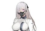  1girl ak-12_(girls_frontline) black_ribbon breasts dress girls_frontline hair_ribbon looking_at_viewer mask mmcallsu ribbon upper_body violet_eyes white_dress white_hair 