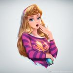  1girl aurora_(disney) blonde_hair blush curly_hair grey_background hand_to_own_mouth long_hair looking_at_viewer nudtawut_thongmai open_mouth simple_background sleeping_beauty sleepy solo striped striped_sweater sweater yawning 