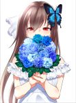  1girl alternate_costume bare_shoulders bouquet brown_hair butterfly_hair_ornament dress flower hagi_(oshiro_project) hair_ornament holding holding_bouquet long_hair looking_at_viewer oshiro_project oshiro_project_re red_eyes rikosyegou rose simple_background solo upper_body wedding wedding_dress white_background white_dress 
