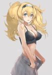  1girl bangs black_bra blonde_hair blue_eyes blush bra breasts cleavage collarbone eyebrows_visible_through_hair gambier_bay_(kantai_collection) grey_background hair_between_eyes hairband haruto_(harut_n) highres kantai_collection large_breasts long_hair messy_hair navel open_mouth shorts sidelocks signature simple_background stomach twintails underwear undressing 