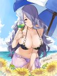  1girl beach beach_umbrella bikini blue_sky breasts camilla_(fire_emblem_if) cleavage closed_mouth clouds cup day drinking_glass fire_emblem fire_emblem_heroes fire_emblem_if flower hair_over_one_eye highres holding holding_drinking_glass j@ck large_breasts long_hair o-ring o-ring_bikini purple_hair sarong see-through sky solo sunflower swimsuit twitter_username umbrella violet_eyes water 