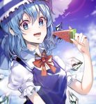  1girl :d blue_eyes blue_hair blue_ribbon blurry blurry_background bow bowtie cirno day food hair_between_eyes hat hat_ribbon highres holding holding_food lens_flare looking_at_viewer open_mouth outdoors popsicle red_bow ribbon shirt short_hair short_sleeves smile solo sun_hat touhou unity_(ekvmsp02) upper_body watermelon_bar white_hat white_shirt 