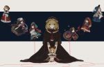  1girl absurdres alice_margatroid alternate_color banner black_dress black_headband blonde_hair blue_eyes bow commentary_request doll dress expressionless highres looking_at_viewer own_hands_together red_bow red_string short_hair simple_background string touhou zhixie_jiaobu 