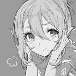  1girl aiueo1234853 closed_mouth fire_emblem fire_emblem_heroes fire_emblem_if grey_background greyscale hair_between_eyes hands_on_own_face kanna_(female)_(fire_emblem_if) kanna_(fire_emblem_if) monochrome pointy_ears pout scarf simple_background solo 