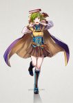  1girl armor bare_shoulders blue_eyes blush boots bow bracelet breastplate brown_eyes brown_hair cape dress dyute_(fire_emblem) fang fire_emblem fire_emblem:_rekka_no_ken fire_emblem_echoes:_mou_hitori_no_eiyuuou fire_emblem_heroes full_body fusion gloves green_hair gzei hairband heterochromia jewelry long_hair looking_at_viewer multicolored_hair nino_(fire_emblem) open_mouth ponytail purple_hairband simple_background skirt smile 