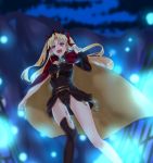  1girl :d asymmetrical_legwear black_legwear black_leotard blonde_hair bow cape diadem earrings ereshkigal_(fate/grand_order) eyebrows_visible_through_hair fate/grand_order fate_(series) floating_hair from_below hair_between_eyes hair_bow highres jewelry leotard long_hair looking_at_viewer mai_(maika_04) night open_mouth outdoors red_bow red_eyes smile solo standing thigh-highs tohsaka_rin twintails 