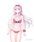  1girl absurdres bikini breasts brown_eyes cleavage collarbone hairband highres kantai_collection long_hair looking_at_viewer neiless_neiro shoukaku_(kantai_collection) silver_hair simple_background smile solo swimsuit 